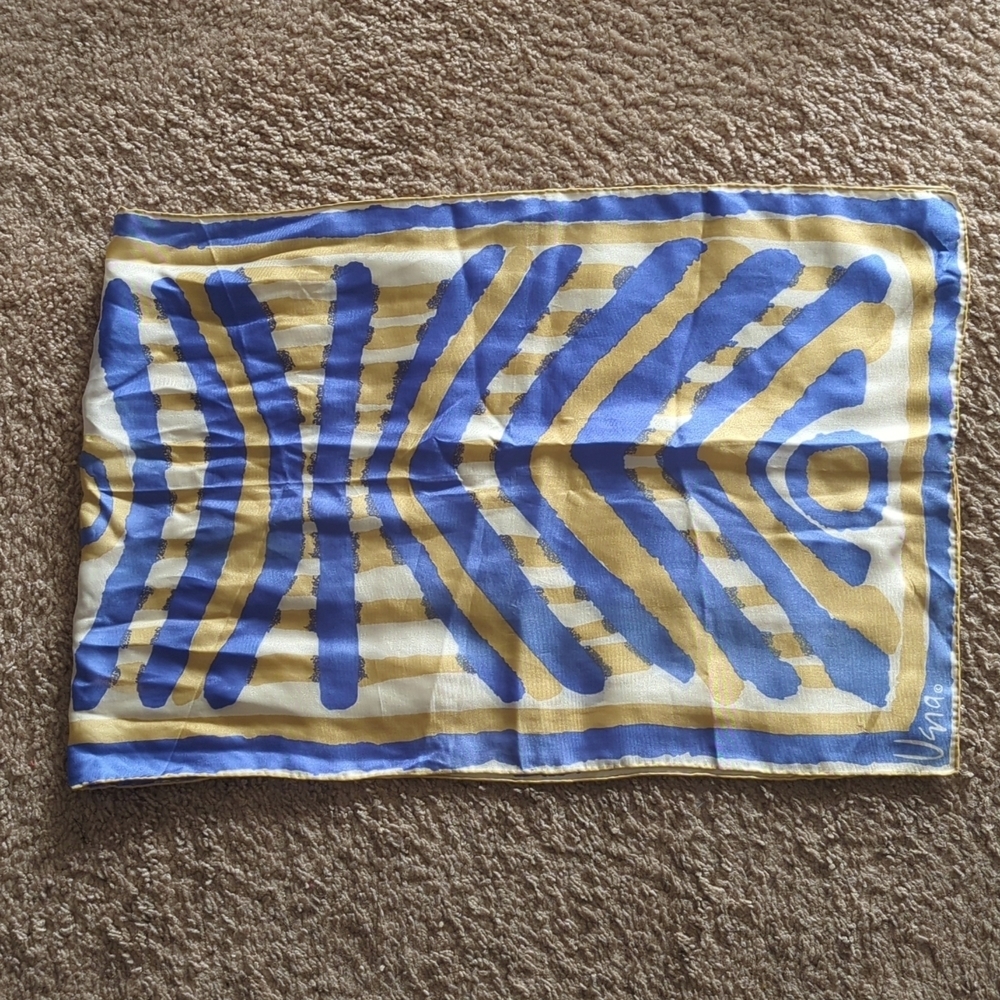 Vera Long Silk Scarf Abstract Design Blue Gold White Quiet Luxury Designer - Picture 10 of 13